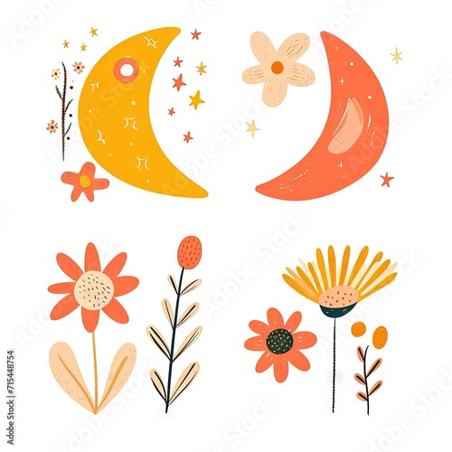 Abstract minimalist charming colorful moon and stars and flowers clipart. Great as vector, icons, decor, for poster design. Inspiration vibes.