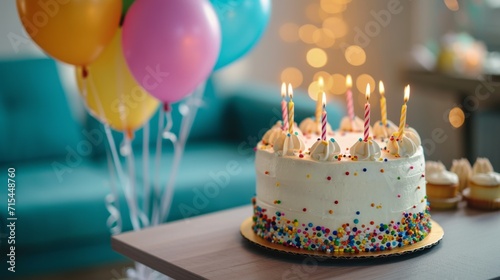 A Joyful Birthday Celebration with Cake and Balloons