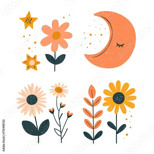 Abstract minimalist charming colorful moon and stars and flowers clipart. Great as vector, icons, decor, for poster design. Inspiration vibes.