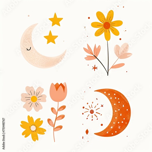 Abstract minimalist charming colorful moon and stars and flowers clipart. Great as vector, icons, decor, for poster design. Inspiration vibes.