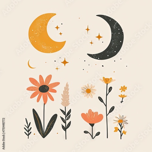 Abstract minimalist charming colorful moon and stars and flowers clipart. Great as vector, icons, decor, for poster design. Inspiration vibes.