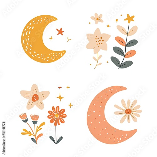 Abstract minimalist charming colorful moon and stars and flowers clipart. Great as vector, icons, decor, for poster design. Inspiration vibes.