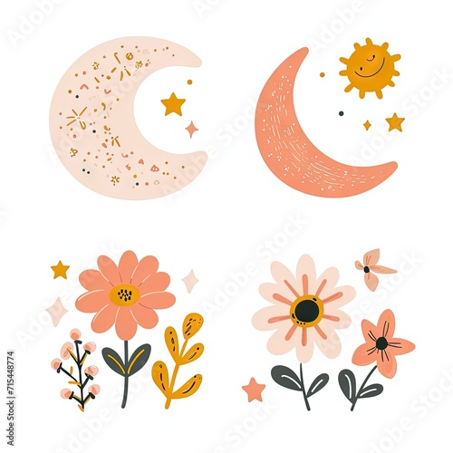 Abstract minimalist charming colorful moon and stars and flowers clipart. Great as vector, icons, decor, for poster design. Inspiration vibes.