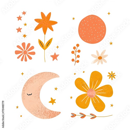 Abstract minimalist charming colorful moon and stars and flowers clipart. Great as vector, icons, decor, for poster design. Inspiration vibes.