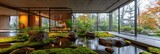 peaceful japanese indoor stone and water garden with moss, modern architecture