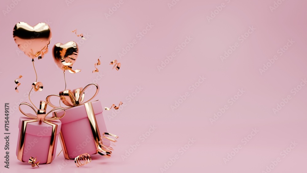 3D rendered pink and gold valentine themed of confetti,  gift boxes, and love balloons for banner template - obrazy, fototapety, plakaty 