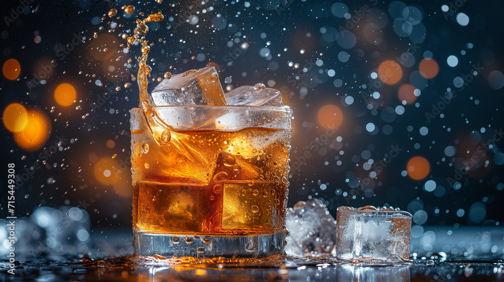 Dynamic shot of ice cubes falling in a glass. Cocktail with splashes and ice cubes. Dynamic shot of ice cubes falling in a glass. Cocktail with splashes and ice cubes.