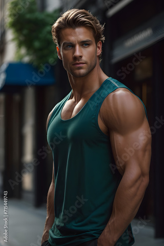 Man in Green Tank Top Posing for a Picture. Generative AI.