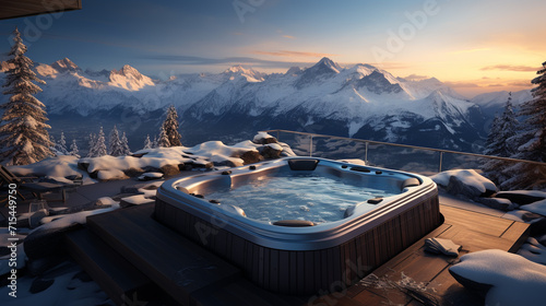 Hot vat on snowy terrace at mountains. Winter vacation concept with hot bath outside © alexkich