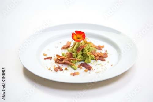 guacamole with crispy bacon bits on a white plate