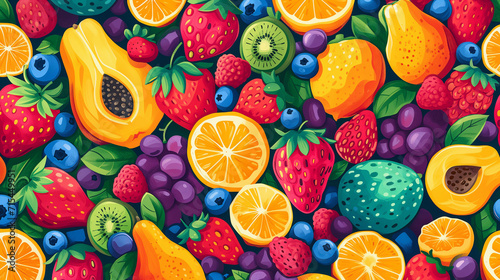 Fruit doodle background. Fruit drawing including apple, orange, berry, strawberry, pineapple. © Meta