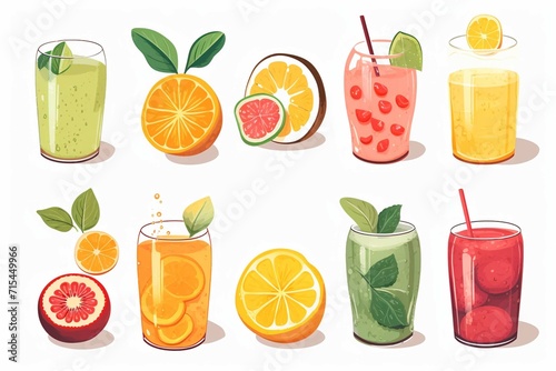 Fruit collection in flat hand drawn style, illustrations set. Tropical fruit and graphic design elements. Ingredients color cliparts. Sketch style smoothie or juice ingredients isolated on a white bac