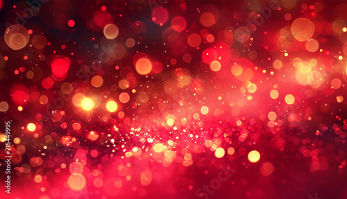 Gold and red particles waves glittering. Red sparkles glitter and rays lights bokeh abstract holiday background texture. Festive abstract design