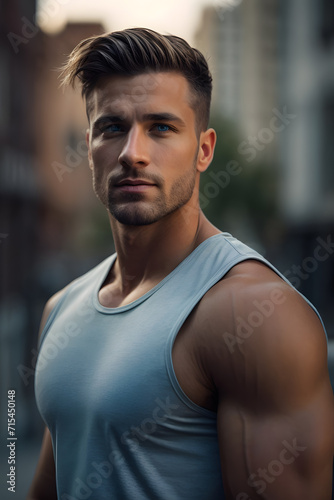 Wallpaper Mural Man Posing in Tank Top for Picture - Casual, Confident, and Relaxed. Generative AI. Torontodigital.ca