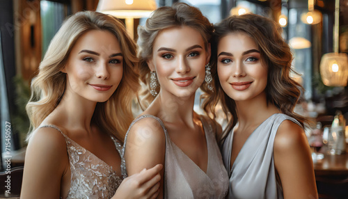 Stylish Trio of Beautiful Bridesmaids Posing Together in White Dresses