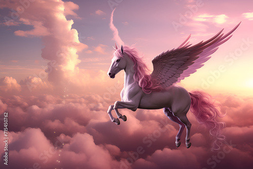 Pink flying pegasus in the cloudy sky