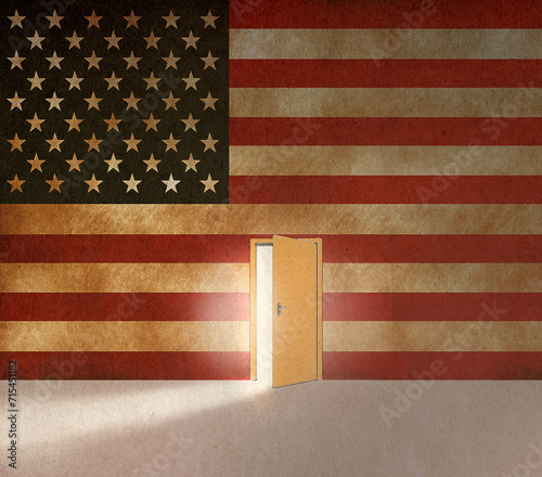 American flag with light of opportunity behind ajar door to immigrate in USA photo