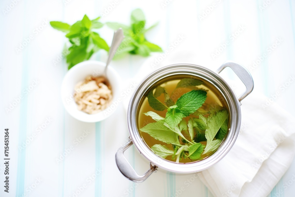 mint leaves steeping in clear teapot on white table mint leaves steeping in clear teapot on white table