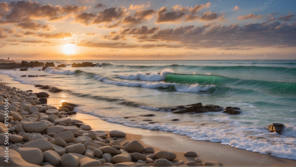 Seaside Serenity: A beautiful beach landscape featuring a vibrant sunset, calm waves, and a picturesque horizon under a colorful sky