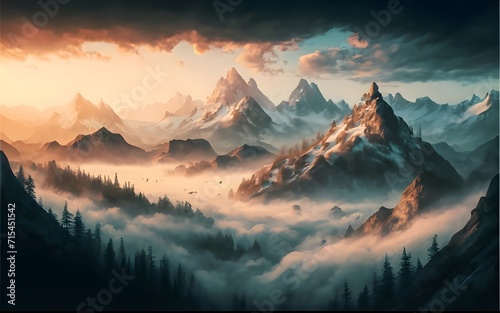 Majestic Mountain Morning: A stunning panorama featuring a tranquil sunrise over snow-covered peaks, with mist drifting through the serene alpine landscape