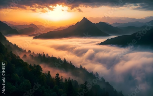 Mountain Landscape with Sunrise and Sunset Views  Featuring Foggy Valleys  Lush Forests  and Colorful Skies over the Alps