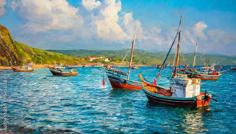 oil painting artwork on canvas fishing boats on sea