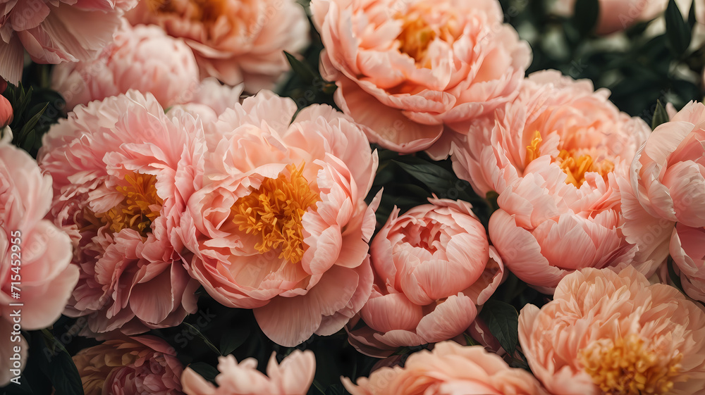 close up macro of beautiful peonies in peach fuzz color of the year. Flowers wallpaper, floral art design background with flowers bunch vintage paint picture and botanical print close up macro of beautiful peonies in peach fuzz color of the year. Flowers wallpaper, floral art design background with flowers bunch vintage paint picture and botanical print