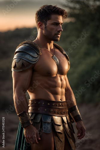 Shirtless Man in Gladiatorial Costume, Realistic Ancient Warrior Attire Photo. Generative AI.