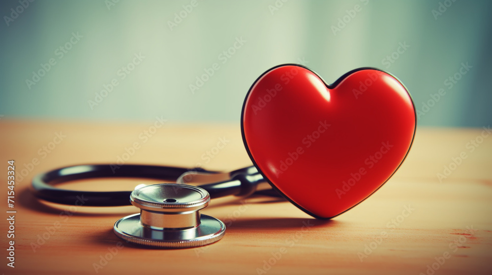 Stethoscope and red heart on wooden table. Cardiology concept Stethoscope and red heart on wooden table. Cardiology concept
