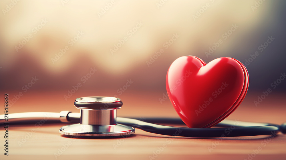 Stethoscope and red heart on wooden table. Cardiology concept - obrazy, fototapety, plakaty 