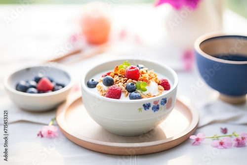 frozen yogurt with granola and berries in ceramic bowl