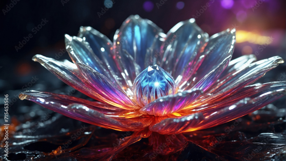 Beautiful crystal color flower made of glass and gems on magic dark background. Beautiful crystal color flower made of glass and gems on magic dark background.
