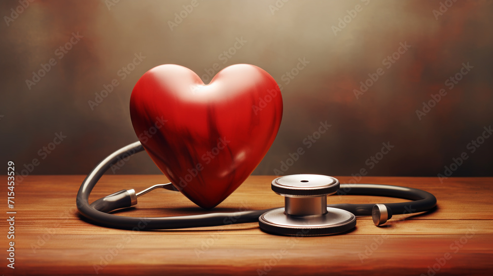 Stethoscope and red heart on wooden table. Cardiology concept Stethoscope and red heart on wooden table. Cardiology concept