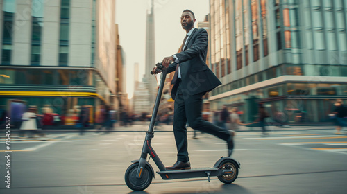 Afroamerican businessman on the city street on electric push scooter