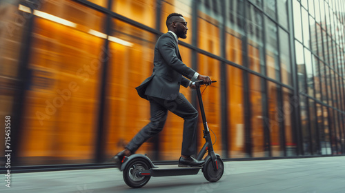 Afroamerican businessman on the city street on electric push scooter