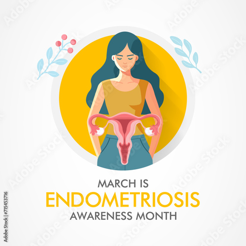 Endometriosis awareness month is observed every year in March, is a painful condition where endometrial tissue grows outside the uterus. Vector illustration