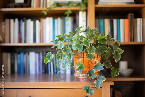 an ivy plant trailing from a bookcase in a home office