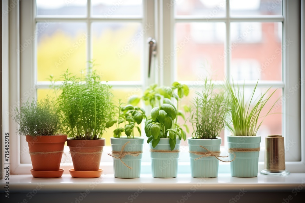 a row of potted herbs on a kitchen windowsill a row of potted herbs on a kitchen windowsill