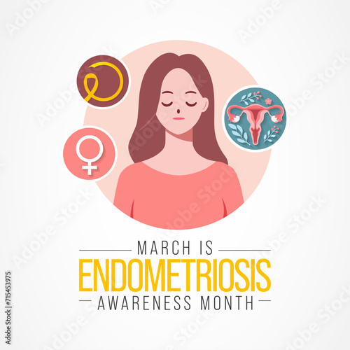 Endometriosis awareness month is observed every year in March, is a painful condition where endometrial tissue grows outside the uterus. Vector illustration