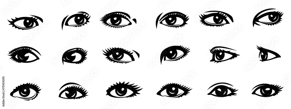 Woman Eyes Set. Doubles and singles. For avatars, faces, portraits design. Back and white vector cliparts.