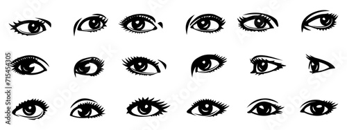 Woman Eyes Set. Doubles and singles. For avatars, faces, portraits design. Back and white vector cliparts.
