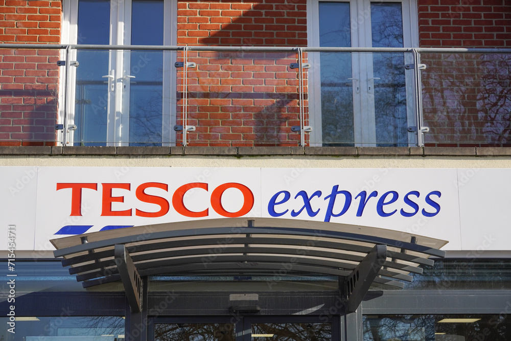 Southampton, England 11 January 2024 Tesco Express sign and logo of