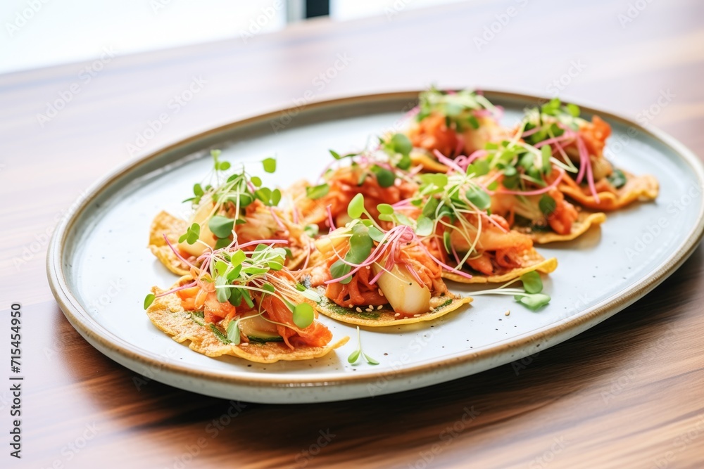 kimchi pancakes on a serving platter, garnished with microgreens kimchi pancakes on a serving platter, garnished with microgreens