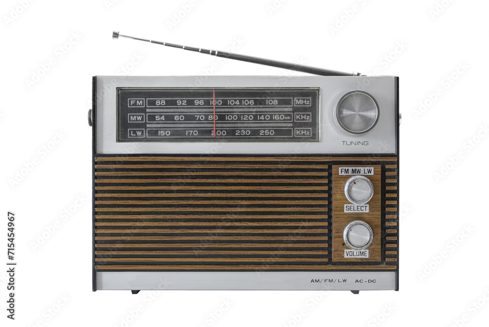 Naklejka premium Authentic 70s radio receiver. Front view. Isolated on transparent background. PNG. Traces of time and scuffs on the body