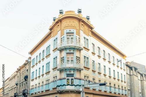 Croatia, Zagreb, Corner of Art Deco apartment building photo