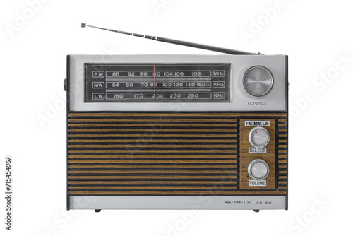 Authentic 70s radio receiver. Front view. Isolated on transparent background. PNG. Traces of time and scuffs on the body