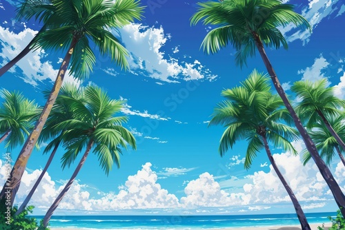 a lot of palms near the beach, anime manga style 3k anime background © Zero Zero One
