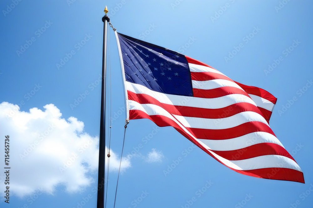 American flag develops against a blue sky. A symbol of country and freedom.
