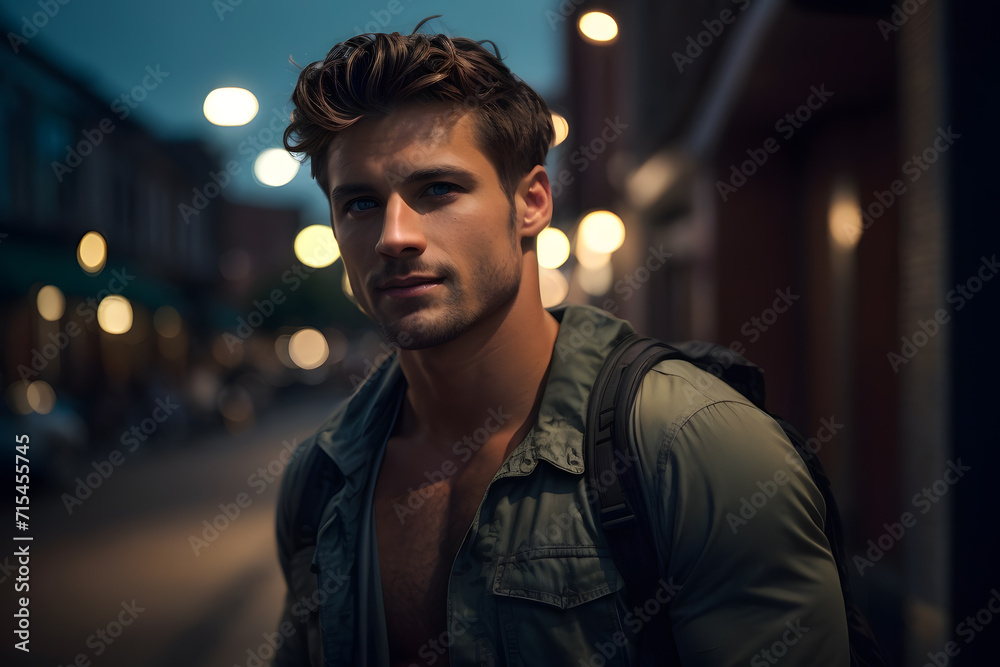Man Standing on City Street at Night, Urban Evening Scene. Generative AI.