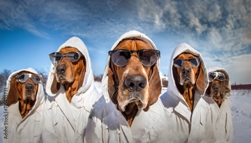 group of bloodhound agent dogs in dark glasses and white coats with hoods photo